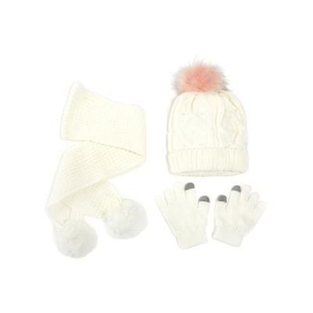 Love2Design Little Girls Faux Pearl Embellished Pom Pom Hat Mitten Scarf Set